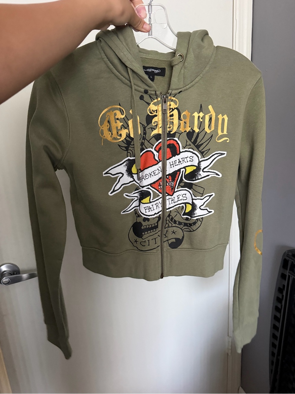 Ed Hardy Olive Green Zip-Up Hoodie with Red Heart Graphic